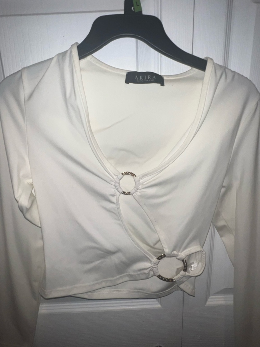 AKIRA Ivory Long-Sleeve Cropped Wrap Top with Decorative Rings